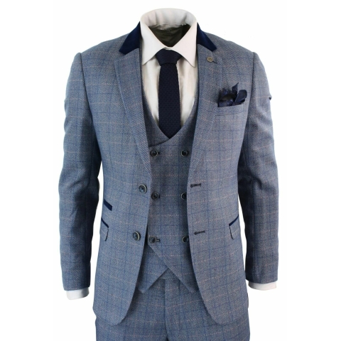 Mens 3 Piece Blue Check Suit - Marc Darcy Hilton: Buy Online - Happy ...