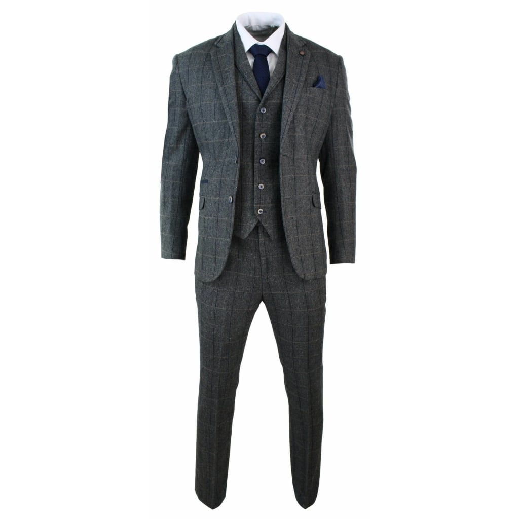 Cavani Albert - Men's Herringbone Tweed Check 3 Piece Suit - Charcoal ...