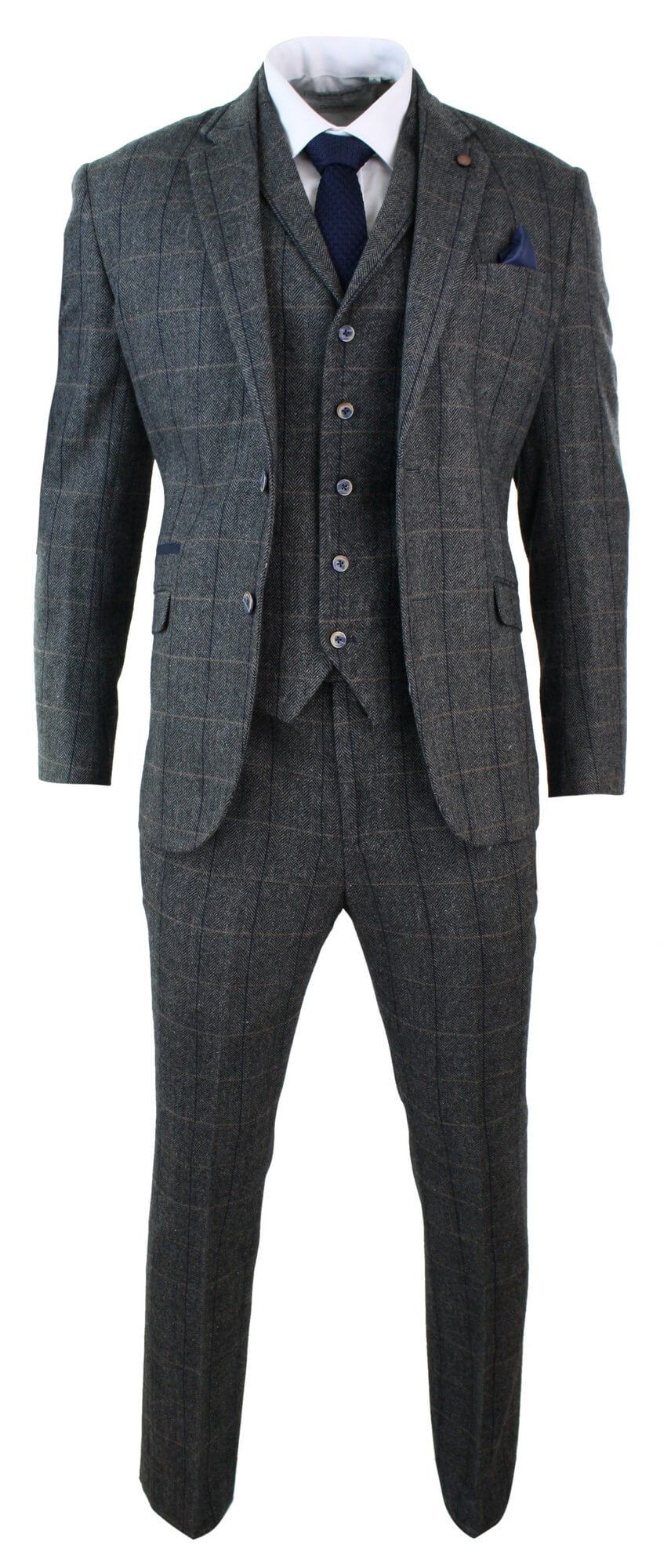Mens Cavani Albert Grey 3 Piece Check Tweed Suit Regular Fit Peaky Blinders 