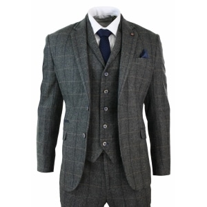 Cavani Albert – Men’s Herringbone Tweed Check 3 Piece Suit – Charcoal
