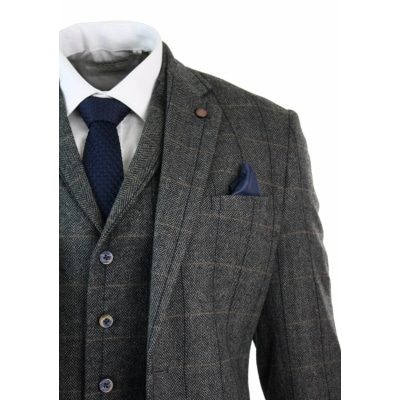 Cavani Albert - Men's Herringbone Tweed Check 3 Piece Suit - Charcoal ...