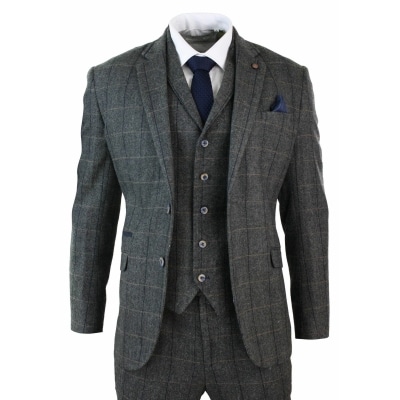 Men 3 Pcs Grey Suit Herringbone Check Tan striped Slim Fit Vintage Formal Suits 
