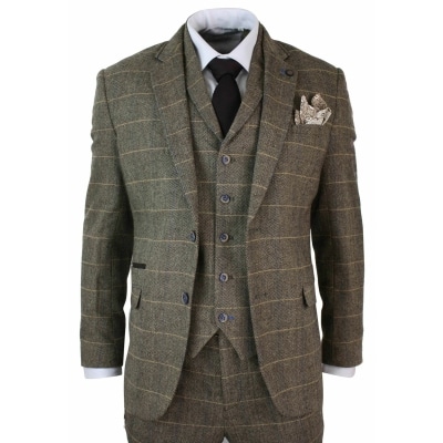 Classic Tweed Wool Blend Men Gray Suit 3 Piece Check Plaid Striped Blazer Custom 