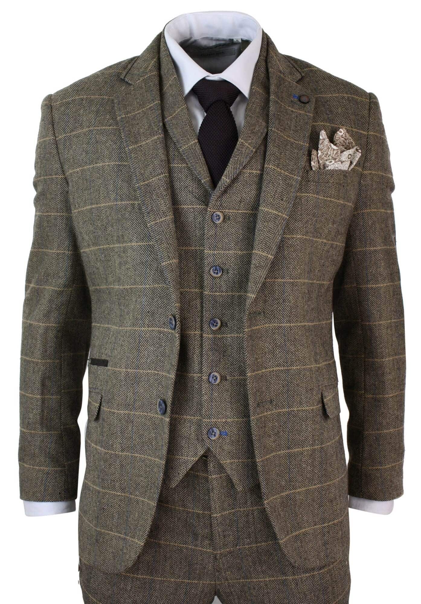 Cavani Albert - Men's Herringbone Tweed Check 3 Piece Suit - Tan Brown ...