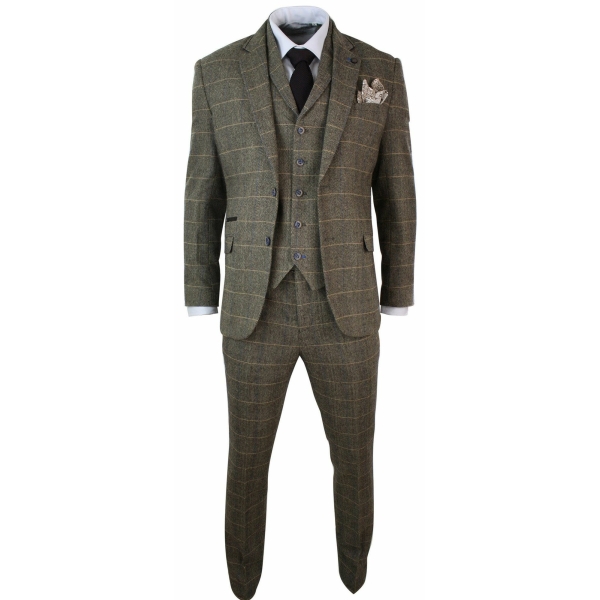 Cavani Albert - Men's Herringbone Tweed Check 3 Piece Suit - Tan Brown