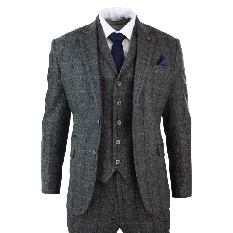 Cavani Albert - Men's Herringbone Tweed Check 3 Piece Suit - Charcoal ...