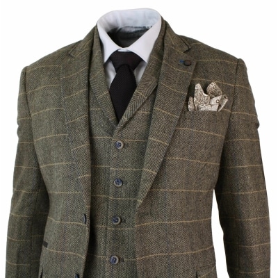 Cavani Albert - Men's Herringbone Tweed Check 3 Piece Suit - Tan Brown ...