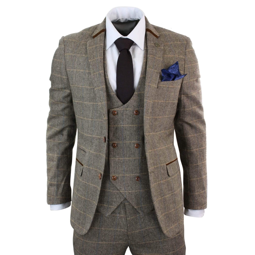 Mens 3 Piece Herringbone Tweed Tan Brown Check Suit Tailored Fit Double ...