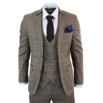 Mens 3 Piece Herringbone Tweed Tan Brown Check Suit Tailored Fit Double Classic - 38UK Jacket/Waistcoat + 32W Trousers