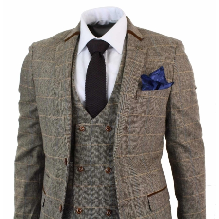 Mens 3 Piece Herringbone Tweed Tan Brown Check Suit Tailored Fit Double ...