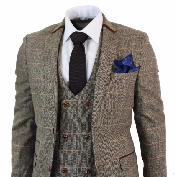 Mens 3 Piece Herringbone Tweed Tan Brown Check Suit Tailored Fit Double Classic