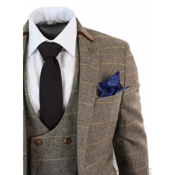 Mens 3 Piece Herringbone Tweed Tan Brown Check Suit Tailored Fit Double Classic
