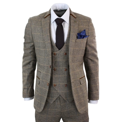 Herren 3 Stück Herringbone Tweed Tan Braun Check Anzug Tailored Fit Double Classic