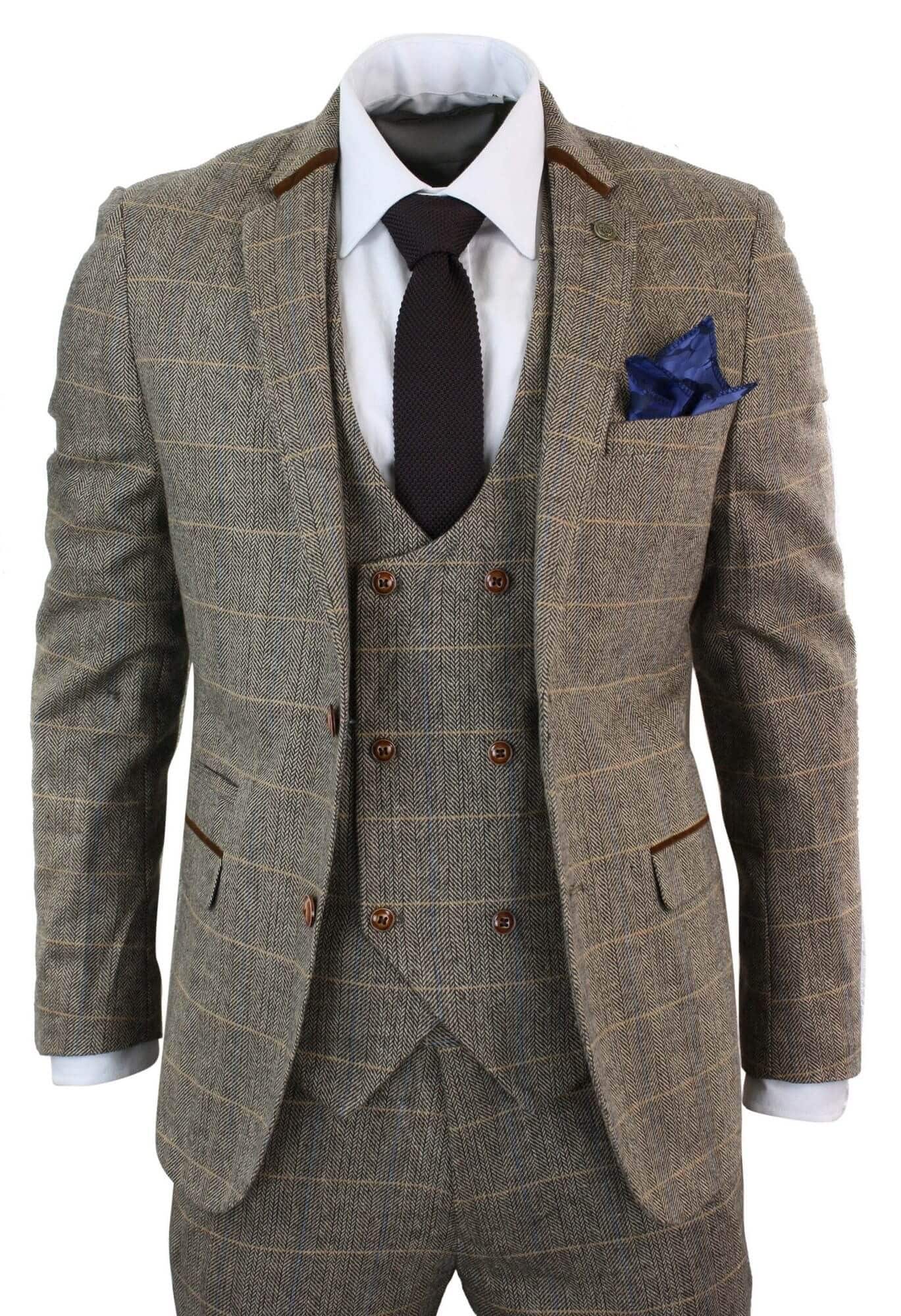 Mens 3 Piece Herringbone Tweed Tan Brown Check Suit Tailored Fit Double Classic Buy Online