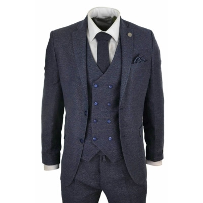 Mens 3 Piece Navy Suit with Double Breasted Waistcoat