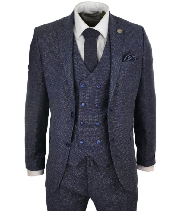 Mens 3 Piece Navy Suit with Double Breasted Waistcoat