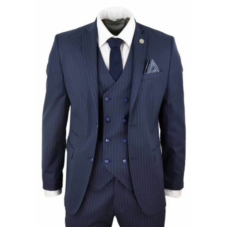 Mens 3 Piece Pinstripe Navy-Blue Suit: Buy Online - Happy Gentleman