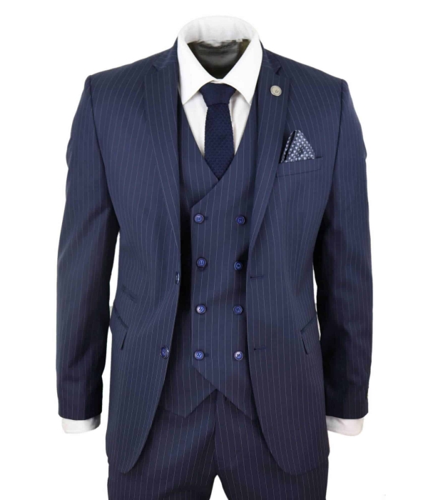 Mens 3 Piece Pinstripe Navy-Blue Suit: Buy Online - Happy Gentleman