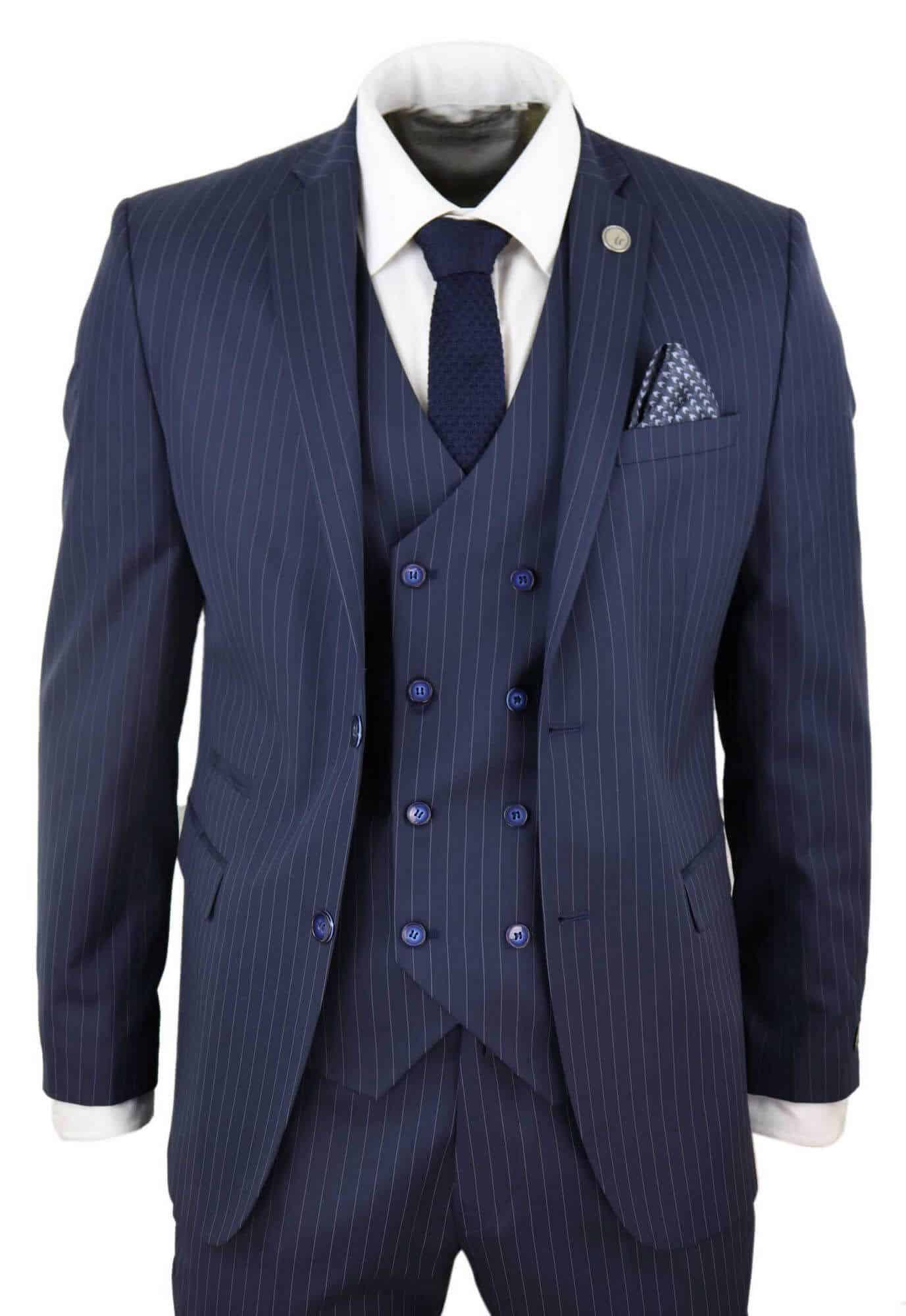 Mens 3 Piece Pinstripe Navy-Blue Suit: Buy Online - Happy Gentleman United  States