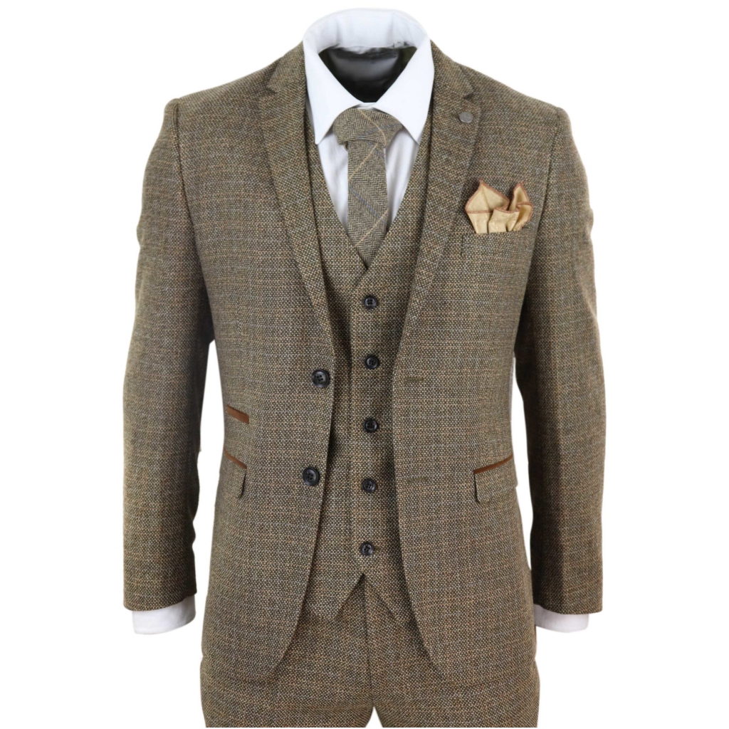 Mens 3 Piece Tweed Check Suit - Brown: Buy Online - Happy Gentleman