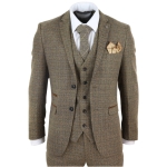 Mens 3 Piece Tweed Check Suit - Brown - 40UK Jacket/Waistcoat + 34W Trousers