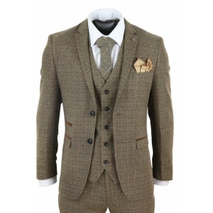 Mens 3 Piece Tweed Check Suit – Brown