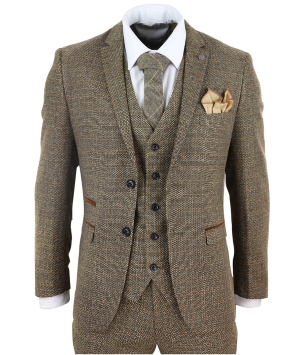 Mens 3 Piece Tweed Check Suit - Brown