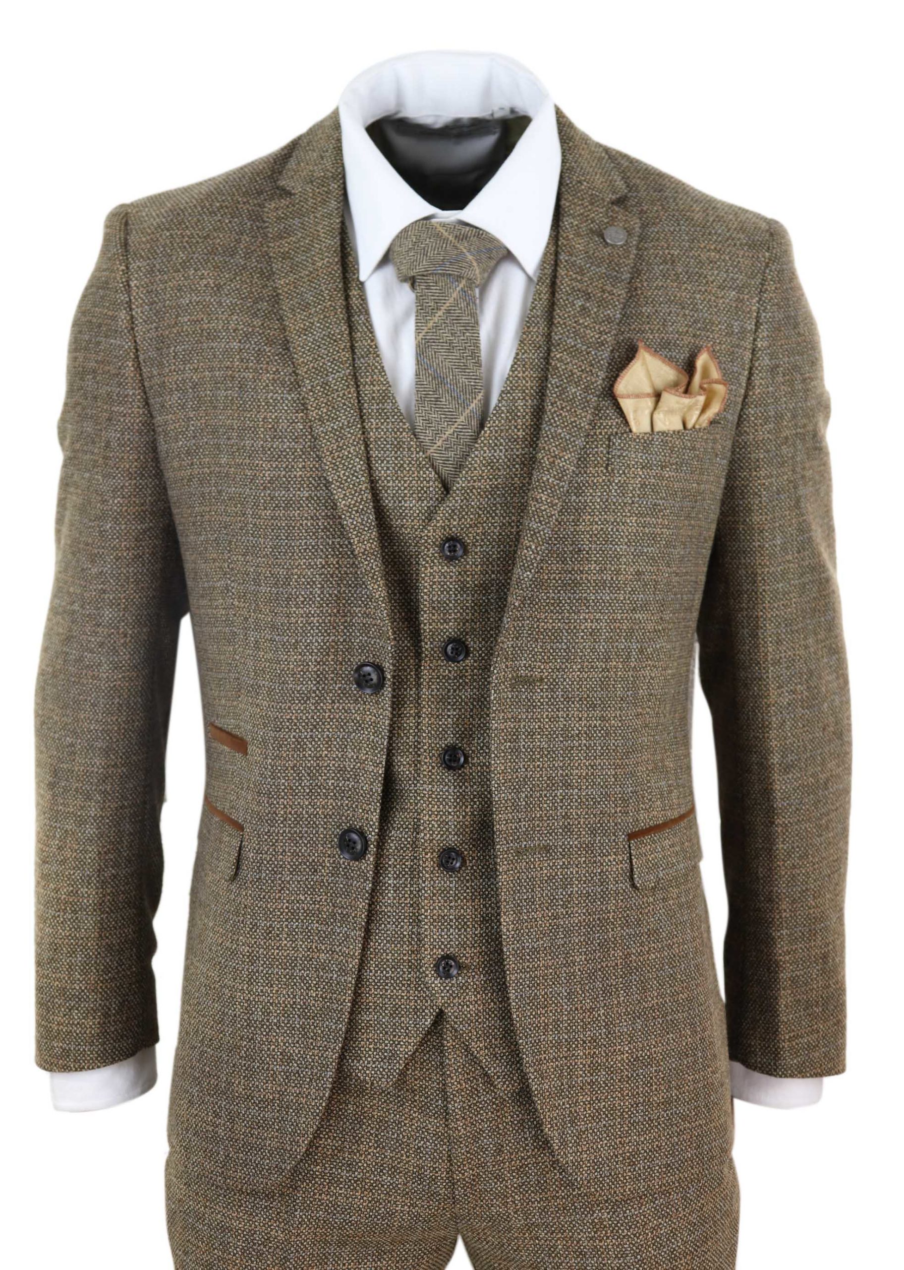 Mens 3 Piece Tweed Check Suit - Brown