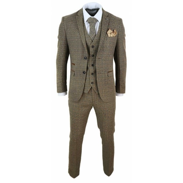 Mens 3 Piece Tweed Check Suit - Brown