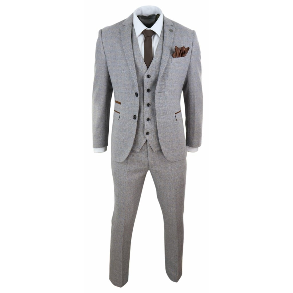 Mens 3 Piece Tweed Check Suit - Cream: Buy Online - Happy Gentleman