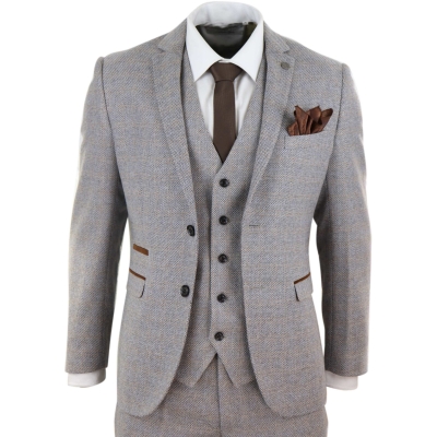 Herren 3 Stück Tweed Check Anzug - Creme