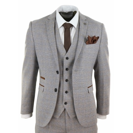 Mens 3 Piece Tweed Check Suit - Cream: Buy Online - Happy Gentleman