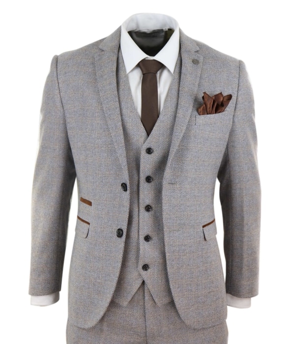 Mens 3 Piece Tweed Check Suit - Cream