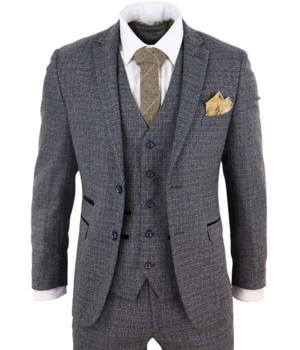 Mens 3 Piece Tweed Check Suit - Navy Blue