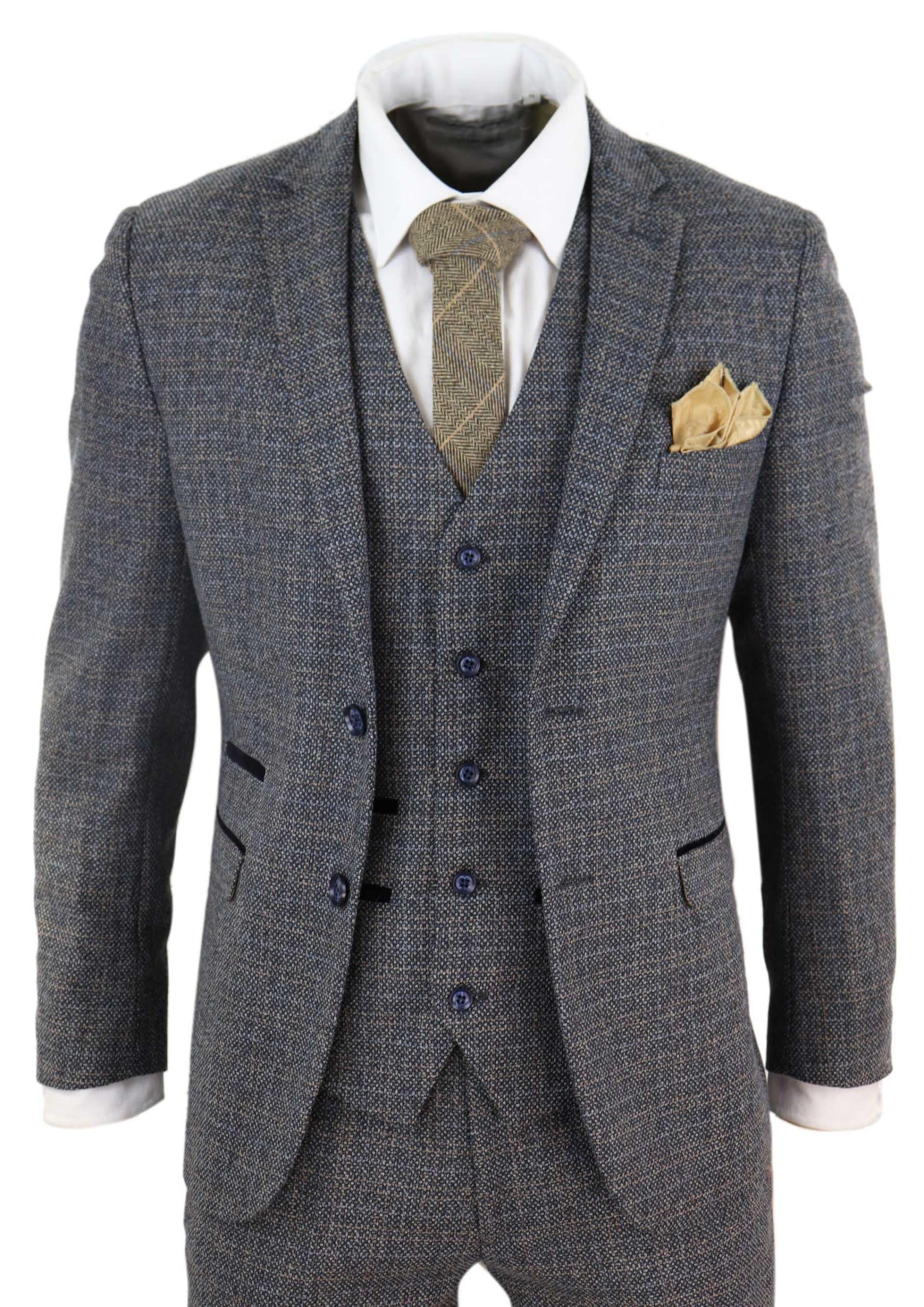 Mens Wool 3 Piece Check Suit Tweed Navy Grey Tailored Fit Peaky Blinders 1920s 