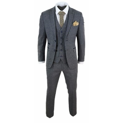 Mens 3 Piece Tweed Check Suit - Navy Blue: Buy Online - Happy Gentleman