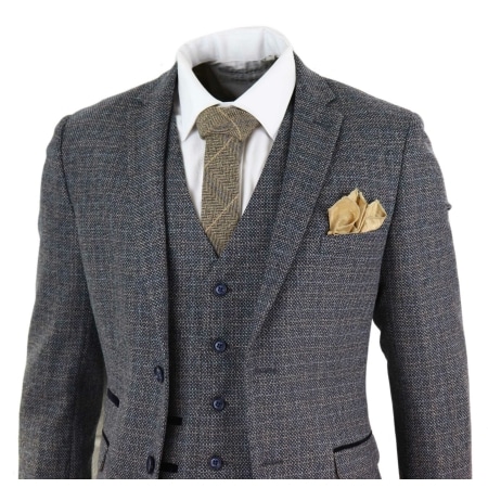 Mens 3 Piece Tweed Check Suit - Navy Blue: Buy Online - Happy Gentleman