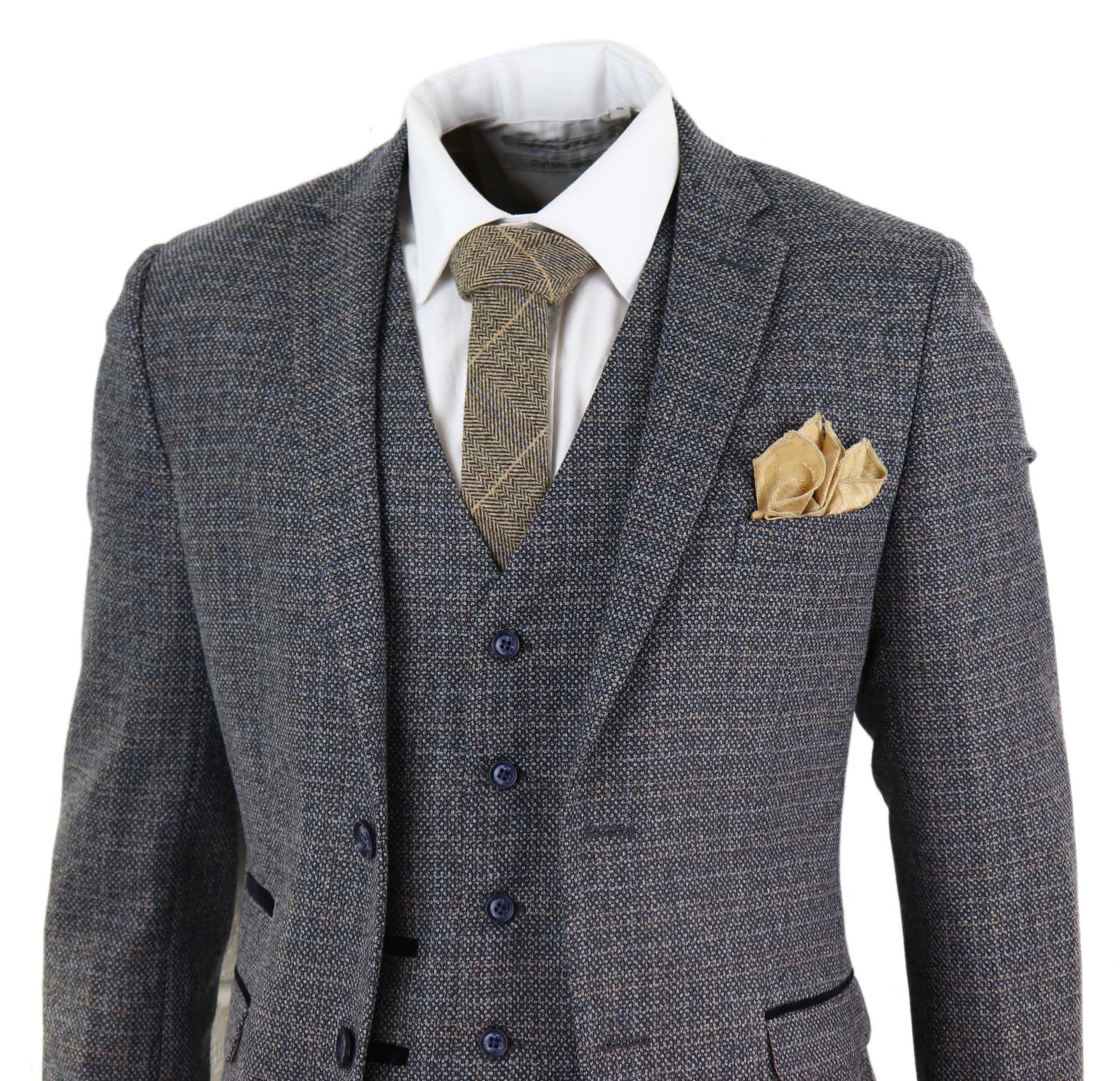 Mens 3 Piece Tweed Check Suit - Navy Blue: Buy Online - Happy Gentleman