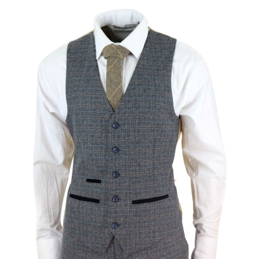 Mens 3 Piece Tweed Check Suit - Navy Blue: Buy Online - Happy Gentleman