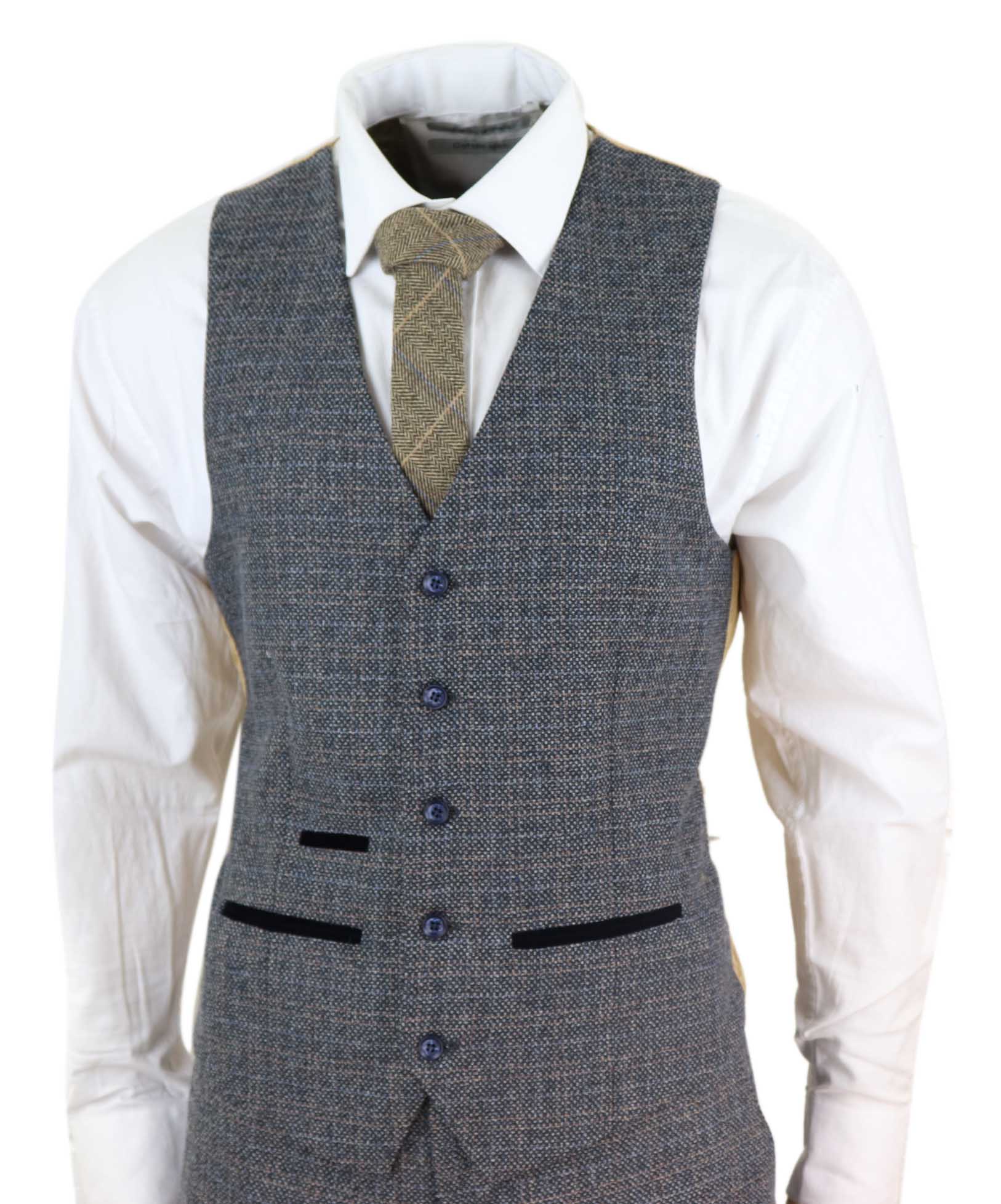 Mens 3 Piece Tweed Check Suit - Navy Blue: Buy Online - Happy Gentleman