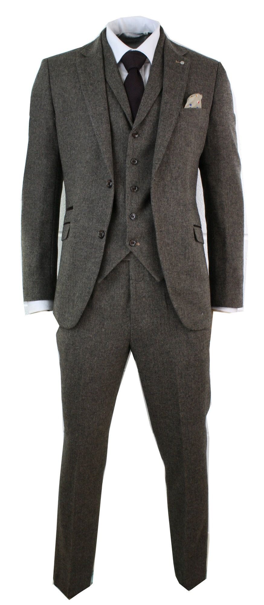 Custom Size Slim Fit  Vintage Wool Tweed 3-Piece Kahik  Khaki Herringbone Suit 