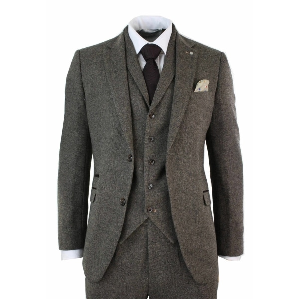 Mens 3 Piece Wool Blend Herringbone Tweed Suit Brown Vintage Tailored Fit Tan
