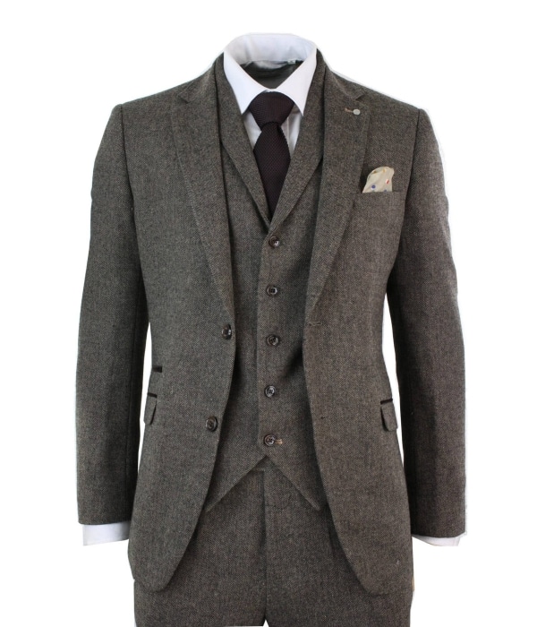 Mens 3 Piece Wool Blend Herringbone Tweed Suit Brown Vintage Tailored Fit Tan