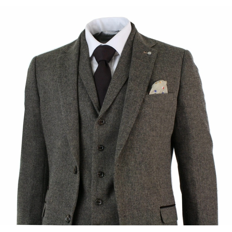 Mens 3 Piece Wool Blend Herringbone Tweed Suit Brown Vintage Tailored ...