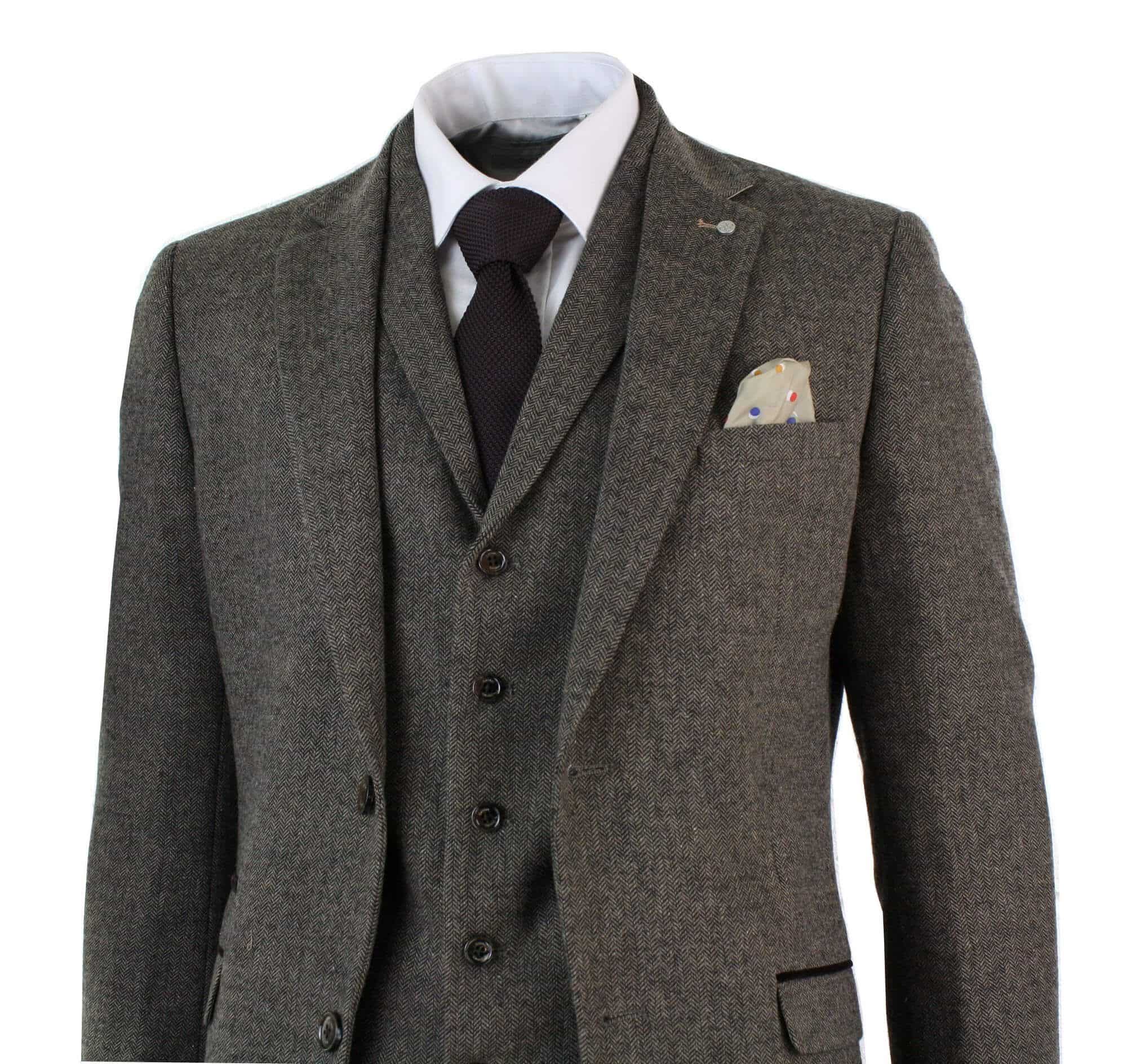 Men's Herringbone Tweed 3 Piece Wool Suits Vintage Dark Gray Classic Fit Custom