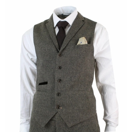 Mens 3 Piece Wool Blend Herringbone Tweed Suit Brown Vintage Tailored ...