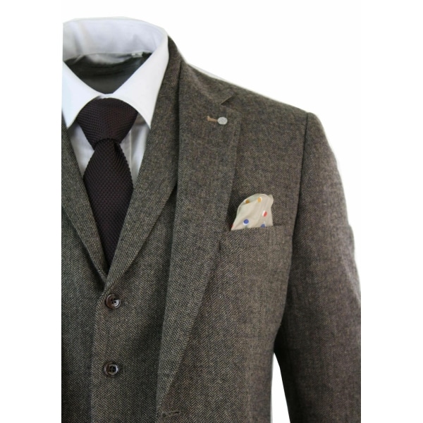 Mens 3 Piece Wool Blend Herringbone Tweed Suit Brown Vintage Tailored Fit Tan