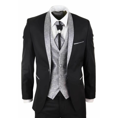 Mens 4 Piece Shawl Lapel Suit - Black/Silver: Buy Online - Happy Gentleman