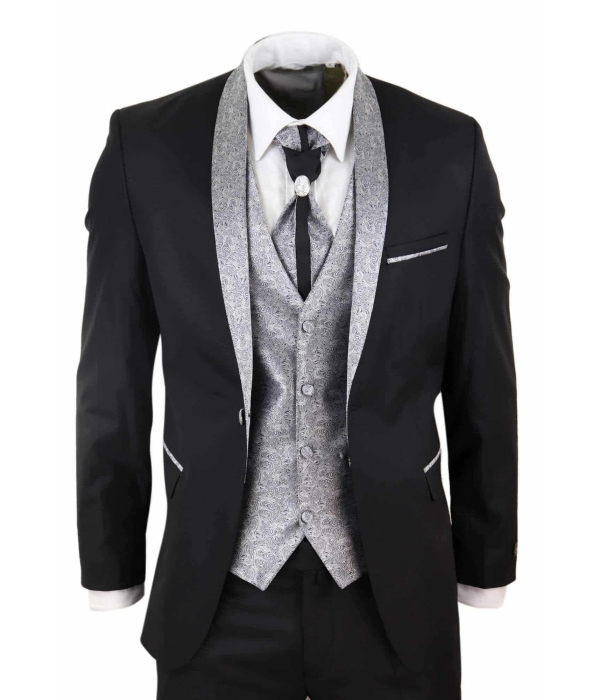 Mens 4 Piece Shawl Lapel Suit - Black/Silver