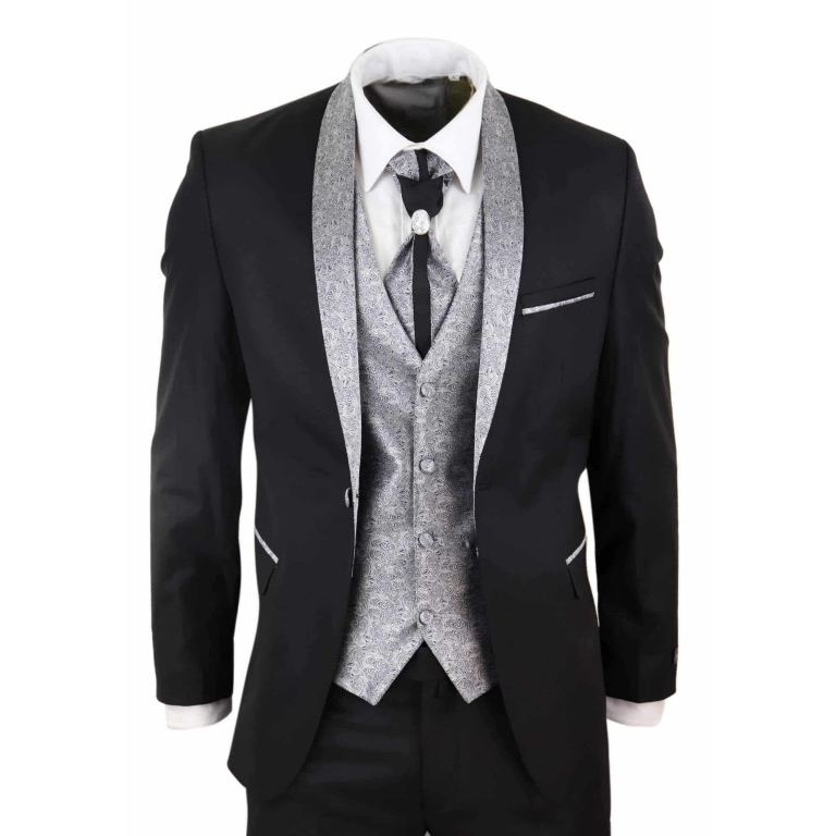 Mens 4 Piece Shawl Lapel Suit - Black/Silver: Buy Online - Happy Gentleman